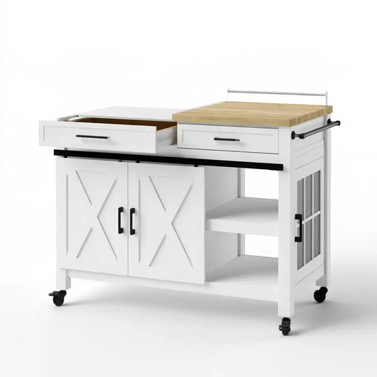 Isla de cocina con cajones y estantes abiertos laterales - blanco/beige - recycledbenchco