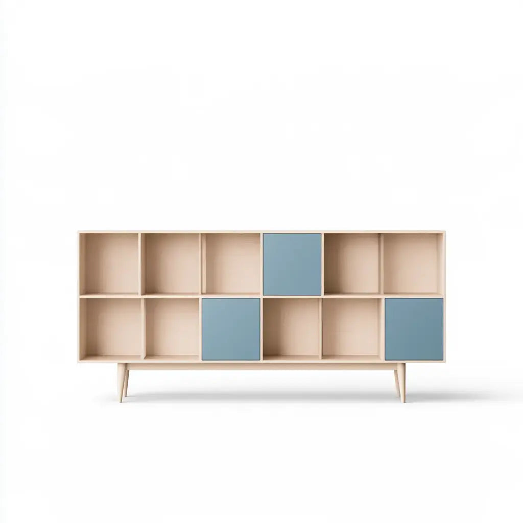 Estantería con cubos abiertos y frentes contrastados - beige/azul